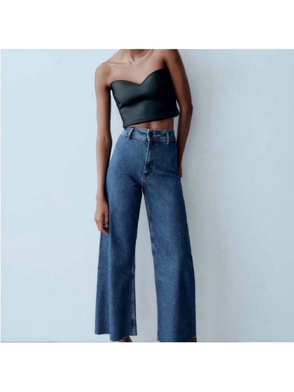 Zara Marine Jean Denim Medium Blue High-Rise Wide-Leg Jeans with Frayed Raw Hem